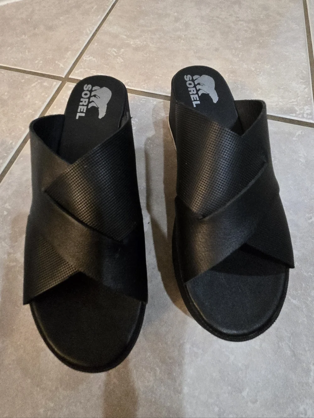 Sorel Cameron Leather Platform Slide Sandals Black Women's Size 7.5